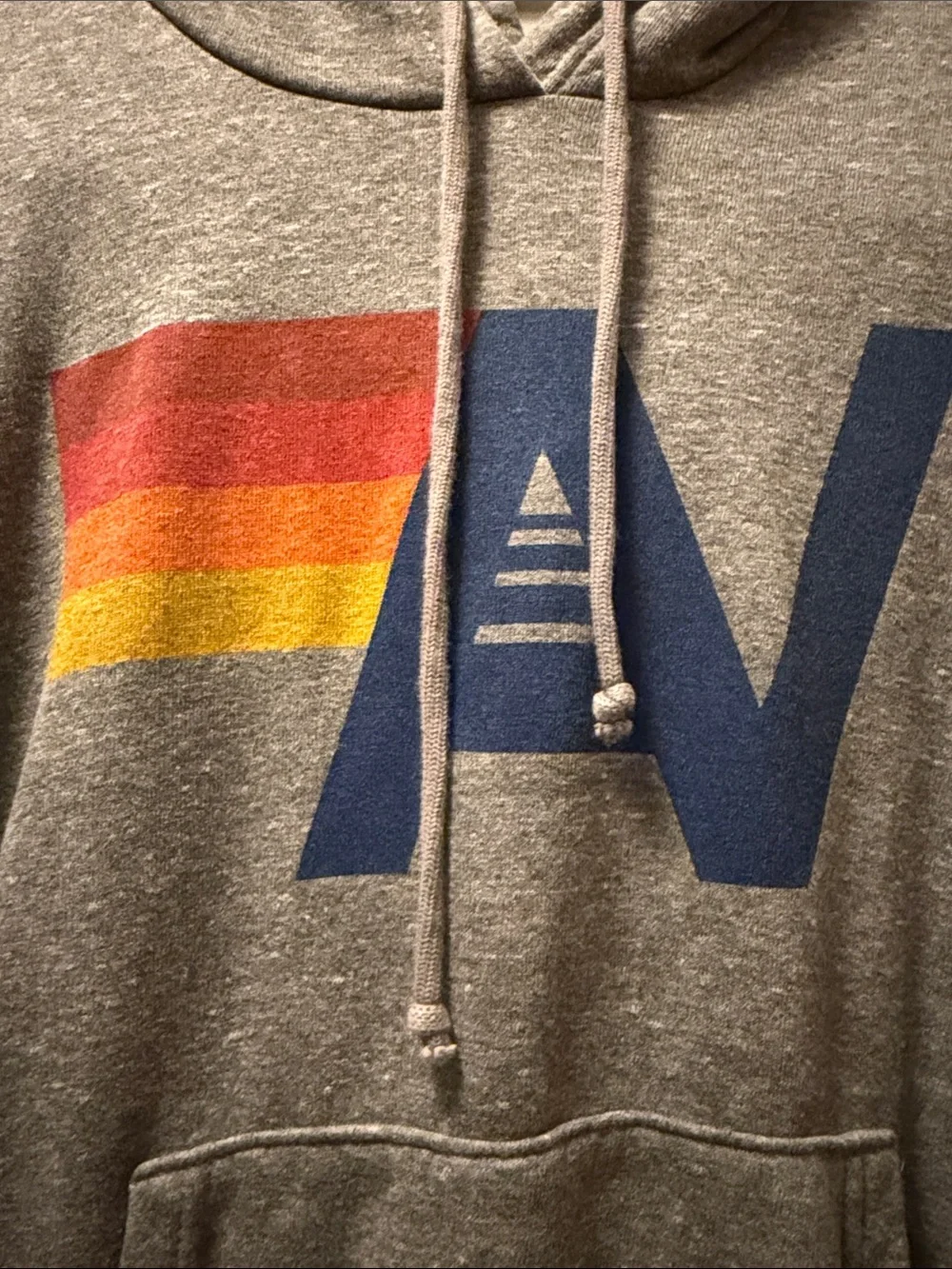 Aviator Nation Gray Hoodie with Retro Red-Orange-Yellow Stripe and Blue Logo - Picture 2 of 3
